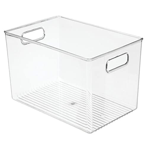 mDesign Deep Plastic Home Storage Organizer Bin with Built-in Handles for Cube Furniture Shelving in Office, Closet, Cabinet, Bedroom, Bathroom, Nursery, Dorm - 4 Pack - Clear