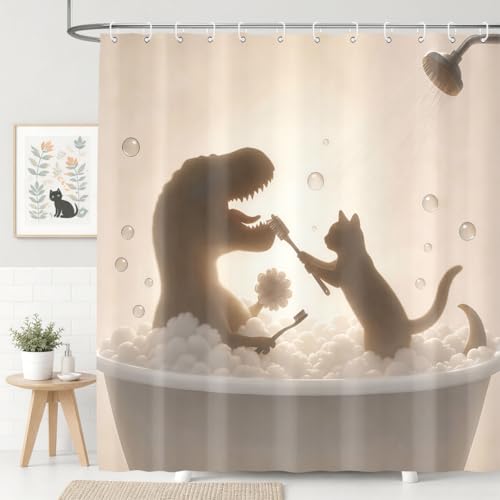 Image of Funny Cat Dinosaur Shower Curtain Cute Fun Cat Help Dino Bathe for Kids Boys Trex Silhouette Shower Curtains Unique Whimsical Bathroom Waterproof Polyester Fabric 72Lx72W Inch with Hooks