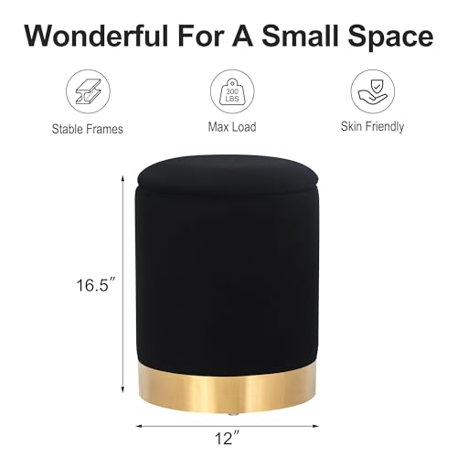 Image of Joveco Round Storage Ottoman Footrest Stool Velvet Upholstered Footstool with Gold Plating Base (Black)