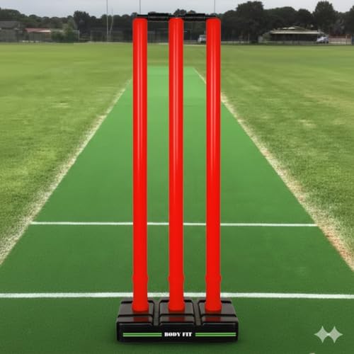 Image of Bodyfit Heavy Cricket Stumps | Plastic Wickets Set with 3 Stumps + 2 Bails + 1 Stand | Full Size Wickets for Cricket Ground, Tournament Wicket. (Red-Black)
