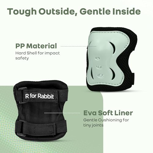 Image of R for Rabbit Safe Play Protector Pads for Kids Knee Elbow Wrist Guards Lightweight Adjustable for Cycling Skating & Other Sports PP Shell EVA Soft Liners Material Pads Age 6-12 Years Babies (Green)
