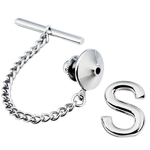 AMITER Mens Tie Tack with Chain - Initial Letter S Tie Clip for Necktie, Bow Tie, Hat and Suspenders