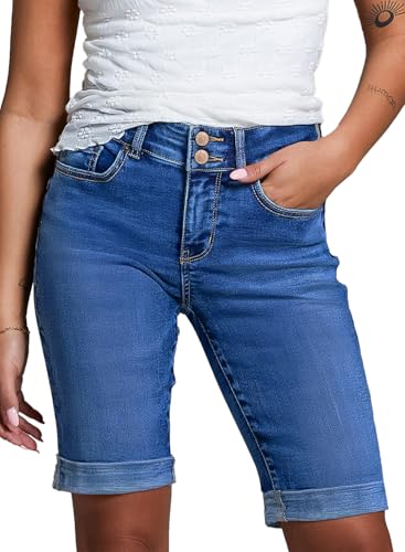 Sidefeel Womens Jean Shorts High Waisted Stretchy Dressy Casual Denim Summer Long Shorts Size 10 Blue