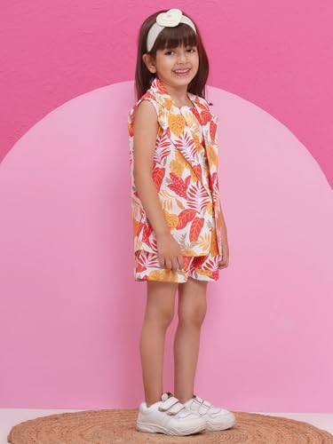 Image of AJ DEZINES Kids Clothing Floral Printed Pure Cotton Top Shorts With Jacket Cord Set for Girls