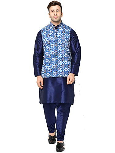 Image of SAIFOO Men's Silk Navy Blue Kurta Pyjama & Printed Nehru Jacket