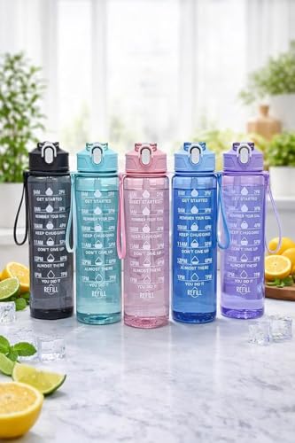 Image of RKZ 900 ML Capacity Belt Straw Transparent Motivational Water Bottles|Time Marker Leak Proof&Break-Proof|Best Usage For Office /School /Gym /Travel Bottle|Bpa-Free Fitness Sports Bottle (MULTICOLOR)