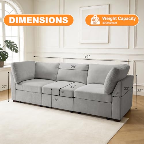 Image of TEKAMON 94 inch Modern Sofa Modular Sectional Couch, 3-Seat Chenille Deep Seat Sofa for Living Room, Bedroom and Apartment, Light Grey