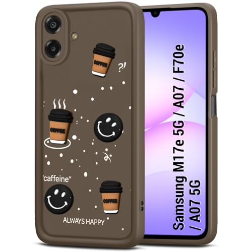 Image of TheGiftKart Back Cover Case for Samsung Galaxy M17e 5G / A07 / F70e / A07 5G | Cute Fun Cartoon 3D Smiley Coffee Case | Full Camera Protection | Shockproof Back Cover Case (Silicone, Brown)