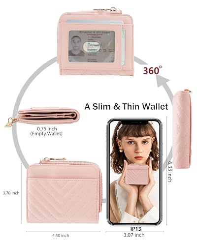 Image of Small Bifold Wallets Woman RFID Mini Wallet for Women Slim Card Holder with Zipper Coin Pocket & 2 ID Windows(Pink)