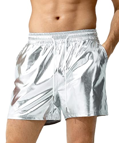 Casey Kevin Pantalones Cortos Hombre, Pantalones Cortos de Fiesta Metalizados, Plata, L