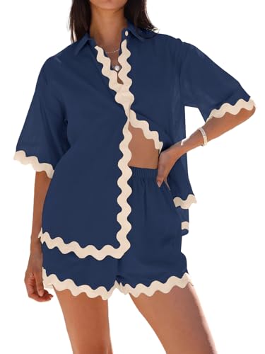 Image of Danedvi Womens 2 Piece Outfits Beach Vacation Summer Short Sleeve Button Down Shirts and Shorts Lounge Sets