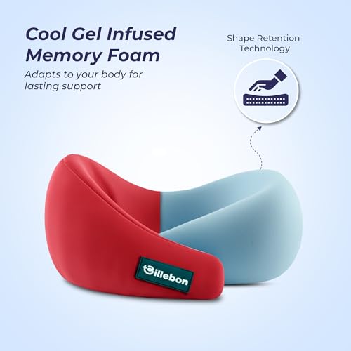 Image of Billebon Gel Infused Memory Foam Neck Pillow with Case, Travel Pillow with Adjustable Velcro Straps, Neck Pillow for Travelling & Flight Travel, Ergonomic Support for Comfort & Pain Relief (Red)