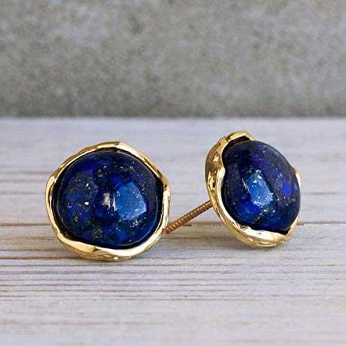 14K Gold Lapis Lazuli Gemstone Stud Earrings - Solid Yellow Gold Round Blue 12mm Gem Stone Studs, De 14K Gold Lapis Lazuli Gemstone Stud Earrings - Solid Yellow Gold Round Blue 12mm Gem Stone Studs, De