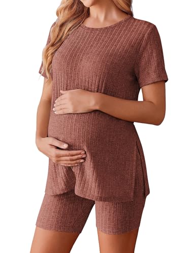 Image of Ekouaer Maternity Sets 2 Piece Outfits Ribbed Knit Short Sleeve Shirts and Biker Shorts Pregnancy Loungewear Mama Clothes