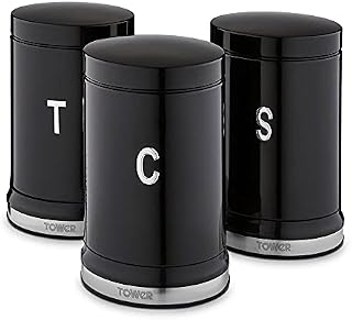 Tower T826171NOR Belle Set of 3 Canisters, Tea/Coffee/Sugar Storage, Noir, Steel, Black