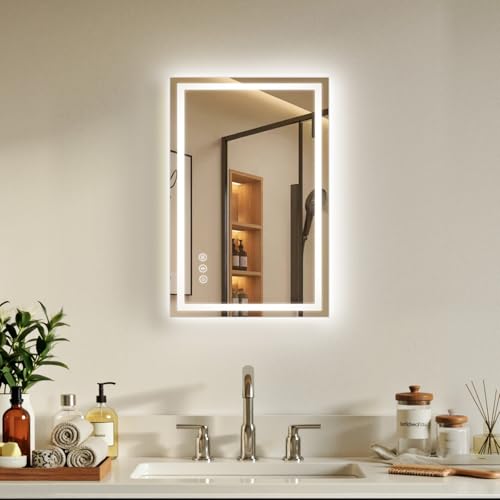 Image of 16x24 LED Bathroom Mirror with Anti-Fog, Backlit & Front Lit, Memory | Stepless Dimmable 3 Color CRI 95+ Shatterproof Tempered Glass ETL Listed for Safety Lighted Bathroom Vanity Mirror for Wall