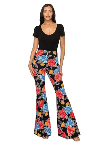 Cemi Ceri Women's High Waist Flare Pants – Stretchy Lightweight Crepe Scuba Fabric, Pull-On Bell Bottom Trousers, Flower/Red/Blue, Large