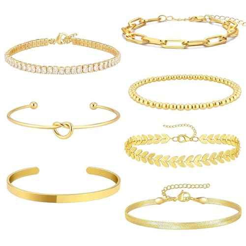 7PCS Gold Bracelets for Women, 14K Gold Plated Bangle Cubic Zirconia Cuff Bracelet Set with Adjustable Chain, Beaded Bracelets Jewelry Gift for Women Trendy
