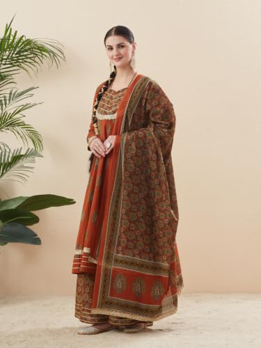 Image of MOKOSH Women's Cotton Print Anarkali Kurta Sharara with Dupatta | Anarkali Kurta Set | Queen Anne Neck Full Sleeve Ethnic Suit | Floral Kurta 3 Colour Option Available | 3 Piece Outfit
