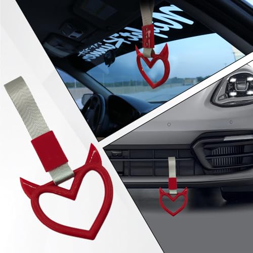 Image of 2PCS Heart shaped Car Handle Straps, Heart Car Accessories, Ring Hearts Shaped Cars Hand Strap Drift Charm, Universal Handle Keychains Accessory Suitable for Cars Bus (Red+silver)