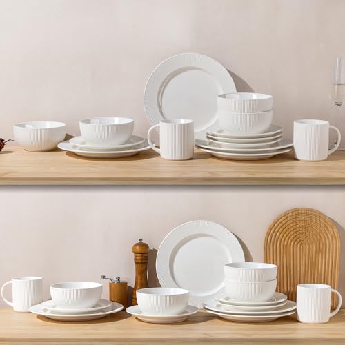 Image of TheTerra Stoneware Dinnerware Sets for 4, 12 Pieces Ceramic Plates and Bowls Sets, Scratch Resistant Embossed Dish Set, Oven, Microwave & Dishwasher Safe, Bright White