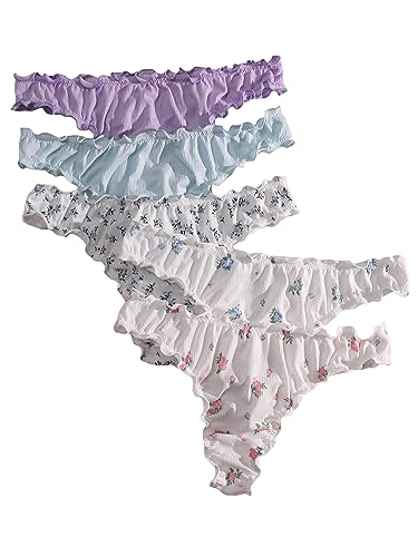 Image of GORGLITTER Women's 5pack Cute Panties Floral Print Low Rise Frilly Panties | Low Waist Underwear Set, Bow Lettuce Trim, Coquette Clothes