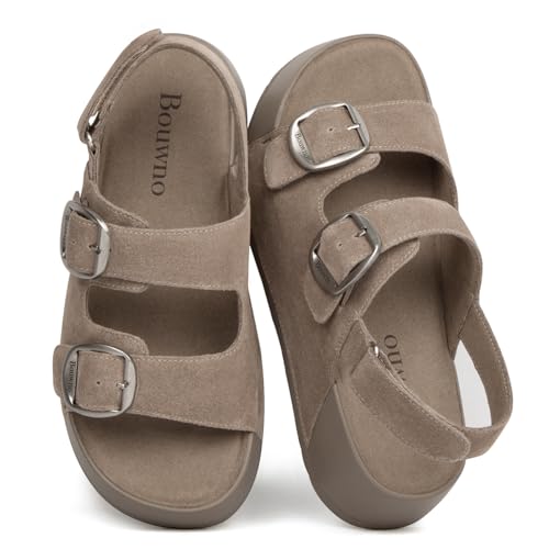 Image of Platform Sandals Women Genuine Leather Slip-on Beach Slide Buckle Comfortable Sandals with Memory Foam Soft Lining and Open Toe Low Wedges