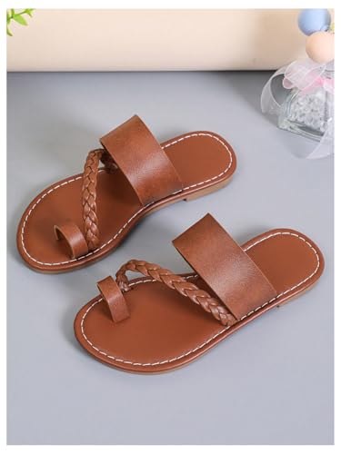 GORGLITTER Girl's Strappy Leather Flats Sandal Cute Braided Dressy Toe Ring Slip on Slide Sandals2