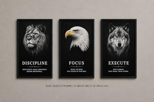 Image of Motivational Wall Art Frames Set of 3 | Discipline Focus Execute Inspirational Posters with Lion Eagle Wolf | Modern Wall Decor for Office Gym Study Room | 8 x 12 Inch