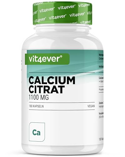 vit4ever Citrato de Calcio - 180 Cápsulas - Alta Dosificación con 1100 mg por Cápsula - Suministro para 2 Meses - Alta Biodisponibilidad - Calcio para Huesos, Dientes y Metabolismo Energético - Vegano