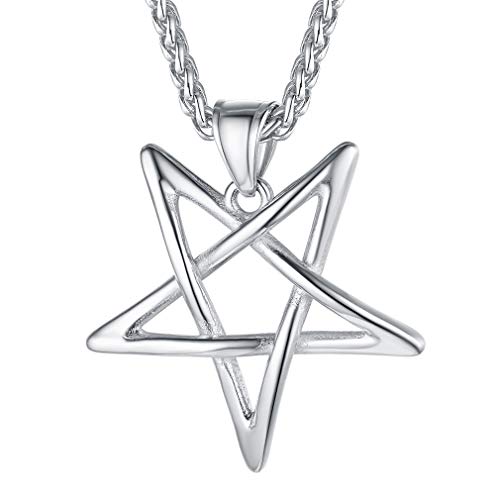 FaithHeart Collier Pentacle Inversé- Pentagramme Satanique Bijoux Satan Occulte l’Alchimie Paien en Inoxydable Argenté avec Chaîne Réglable 22+2”...