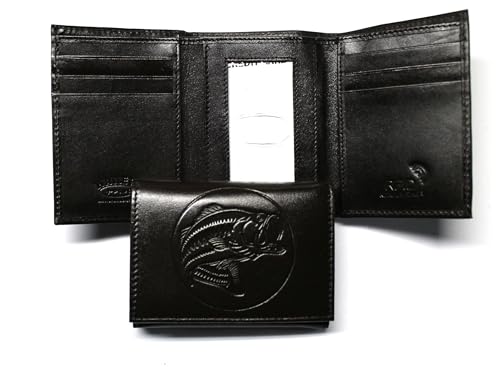 Bass Fishing Embossed Leather Trifold Wallet Black RFID Safe2