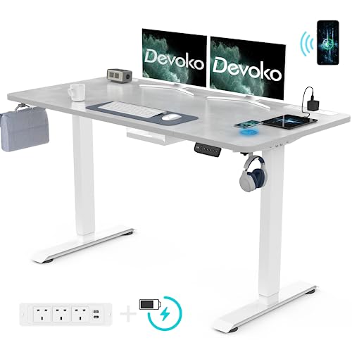 Devoko 160 x 80 cm Höhenverstellbarer Schreibtisch, Elektrisch Schreibtisch, mit Induktions-Ladegerät, Elektrisch mit Memory-Steuerung un Sitzende Erinnerung, 3 Steckdosen, 4 x 360°-Rollen (grau)