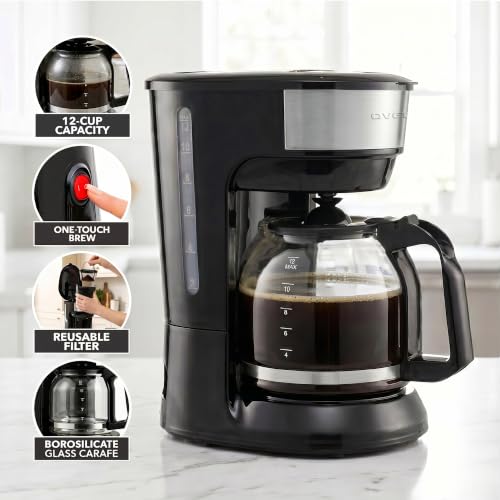 Image of OVENTE 12-Cup Drip Coffee Maker with Borosilicate Glass Carafe, One-Touch Operation Machine, Anti-Drip System, Reusable Filter and Clear View Water Level Gauge, Ideal for Home or Office, Black CM412B