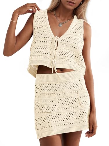 Saodimallsu Womens Crochet Swim Cover Up 2 Piece V Neck Sleeveless Front Tie Crop Tops Beach Mini Skirt Coverup Set2