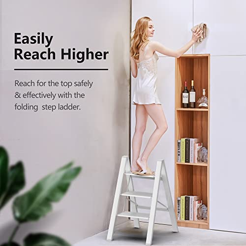 Image of SOLADDER Step Ladder 3 Step Folding, Small Step Stool for Adults, Portable Anti-Slip Iron Stepladder with Wide Pedals for Home and Kitchen Use, Space Saving - White (300 lbs)