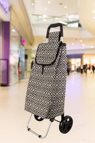 Image of KriShyam Foldable Shopping Trolley Cart with Stylish Pattern | Large Capacity Grocery Cart with Wheels | Lightweight Portable Utility Cart (2 WHHEL White (Geometric Print))