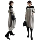 [YUANYUAN] レディース ニットワンピース ドンキングワンピース 冬ドレス ロングセーター 春服 秋服 冬服 長袖 ラウンドネック リブ カラーマッチング 暖かい カジュアル ゆったり おしゃれ 大人 可愛い 優しい エレガント 日常着 春秋冬 (グレー,L)