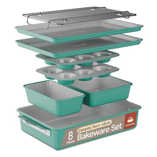 Bakken 8-Piece Stackable Bakeware Set - Ceramic Non-Stick Coating, Baking Sheets, Assorted Baking Pans, PTFE, PFOA & PFOS Free - Healthy Baking, Ergonomic Handles, Cooling Rack, Non-Toxic, Oven-Safe