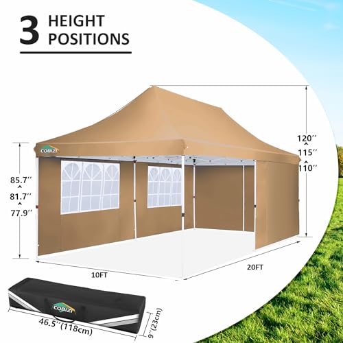 Image of COBIZI 10x20 Pop Up Canopy with 4 Sidewalls, Conical Party Tent 10x20 with 3 Adjustable Height Waterproof, UV-Resistant EZ Outdoor Gazebo with Carry Bag, Sandbag, Stake, Rope for Parties, Commercial