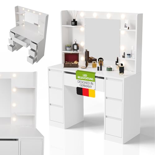 Juskys Schminktisch Malia mit LED-Spiegel, 7 Schubladen, individuelle Lichteinstellung, viel...