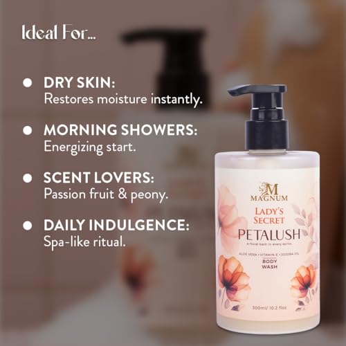 Image of Lady's Secret Petalush Body Wash 300ml - Hydrating Aloe Vera & Jojoba Oil, Vitamin E, Fruity Floral Scent with Passion Fruit, Jasmine & Musk, Luxurious Daily Cleanser, All Skin Type