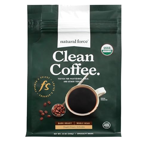 Natural Force - Organic Clean Coffee Dark, Mold & Mycotoxin Free, Lab Tested for Toxins & Purity, Low Acidity, Incredible Taste & Aroma, Founder's Select Whole Bean Dark Roast, 12 oz