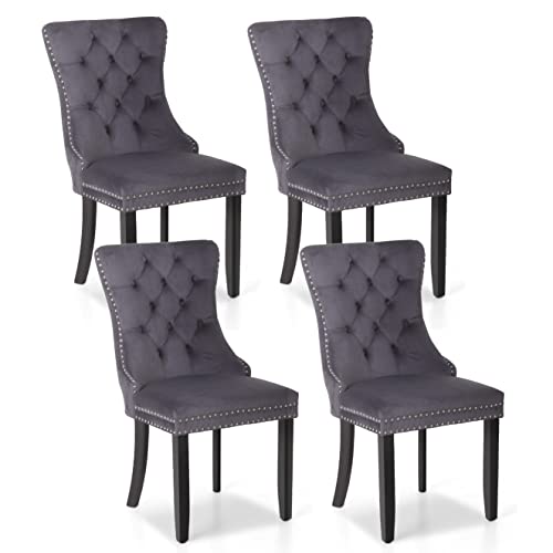 Maison Arts Velvet Tufted Dining Chairs Set Of 4, Upholstered Dining Room Chairs With Ring Pull Trim & Button Back Modern Dinner Chairs With Solid Wood Legs For Kitchen Dining Room (Grey, 4Pcs) #TOP14