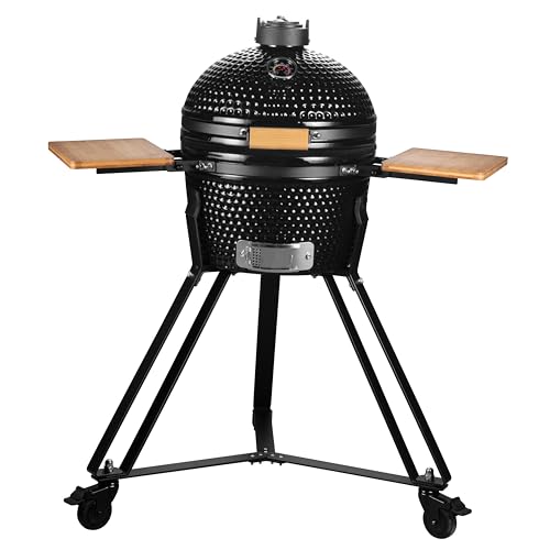 16 Ceramic Kamado Charcoal BBQ Egg With Stand Collapsible Wooden Shelves Thermometer Built-in (Black)