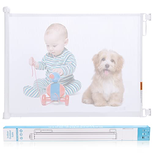Image of Retractable Baby Gate Extra Wide- 34” Tall Extends Up to 54” Wide Safety Mesh Stairs Gate for Kids or Pets Dogs Gate for Doorways/Banister/Hallways/Deck/Indoor/Outdoor -Wall Spacer Kit Included