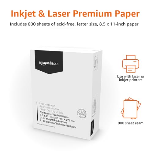 Image of Amazon Basics Multipurpose Copy Printer Paper, 8.5 x 11 Inches, 24 lb Weight, 97 Brightness, White, 800 Sheets (1 Mega Ream), for Inkjet and Laser, Copy & Print (Pack of 2)