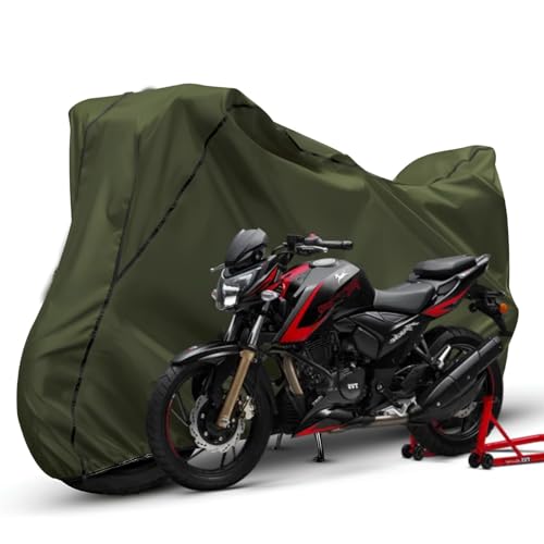 Image of Waterproof Bike Body Cover Compatible with Yamaha Apache RTR 200 Dustproof Scratchproof - Motorcycle Cover for Two Wheeler, Outdoor Full Cover with UV, Duty, Rain Protection(Olive with Black)