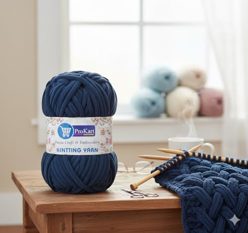 Image of ProKart Premium Blankie Wool, Plush & Cuddly, Chenille Yarn Supersoft Hand Knitting Wool Ball | Blanket Thick /Mottu Yarn Ball Suitable for Hand Knitting and Crocheting for Baby, Adult, Sweaters, caps, Throws, Home Furnishing, Scarves, Blankets (Navy Blue, 100gms x 1 Pack)