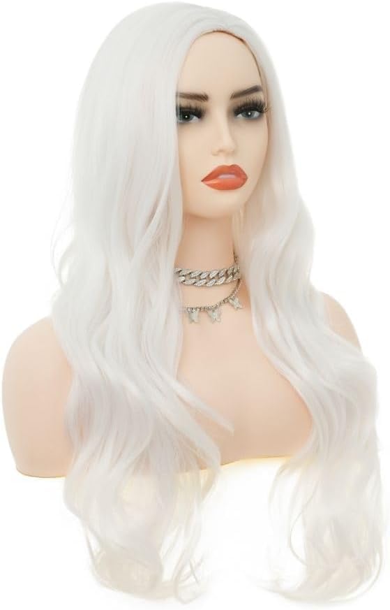 Salaibs White Long Curly Wigs for Women Side Part Wavy Cosplay Synthetic Hair Wig for Halloween Costume Party Use - Image 3